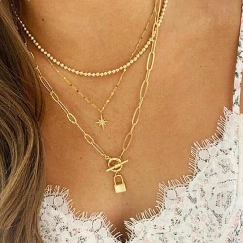 Gold Color Alloy Beads Chain Buckle Necklace for Women Multilayer Star Lock Padlock Pendant Necklace Collares Punk Neck Jewelry