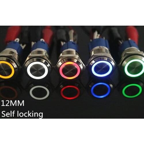 1pcs 12mm Waterproof Latching Flat Round Stainless Steel Metal Push Button Switch Colorful LED Light Shine Locking