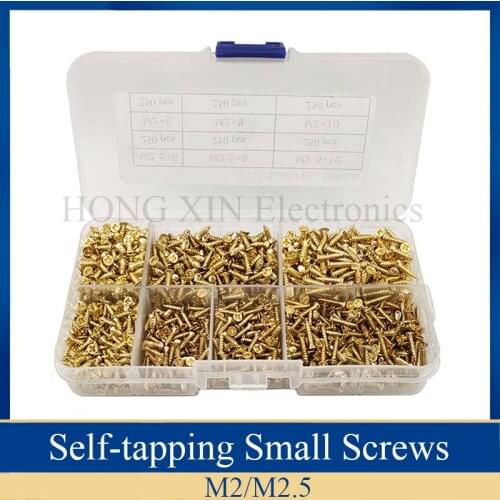 1500pcs/set M2 M2.5 Golden Phillips Head Micro Screws Gold self tapping screw set Self-tapping Electronic Small Wood Screws Kit