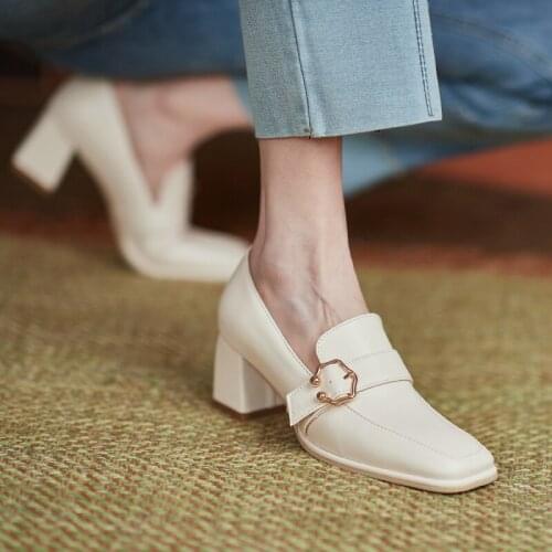 2021 Square Toe Shoes Women High Heel Mary Janes Pumps Rhinestone Pearl Fashion Shoes Thick Heels Dress Footwear Khaki 33-43