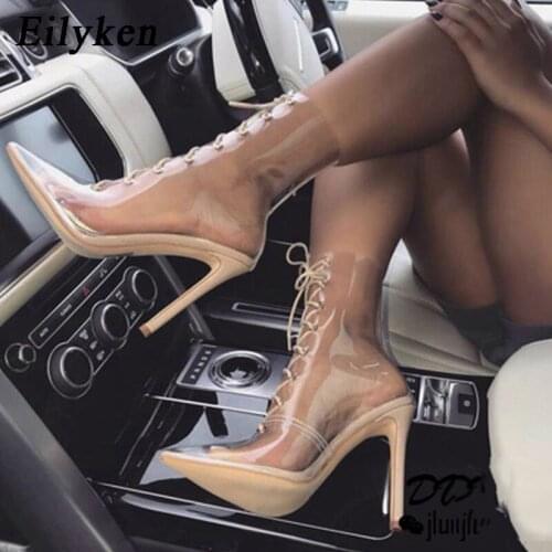 New 2020 Autumn Ankle Boots Fashion Pointed Toe Boots Women Heels PVC Transparent Heels Lace-Up Women Shoes size 35-40