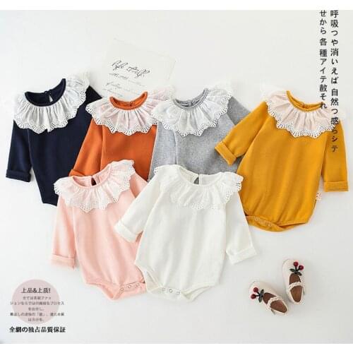 New Cute Baby Girl Cotton Romper Newborn Spring Party Kids Clothes White Lace Ruffle Collar Romper One-Pieces Autumn Clothes