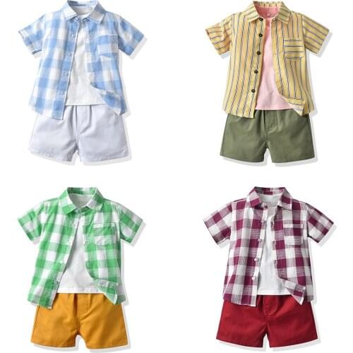 Childrens Striped Short-sleeved Shirt Sets Baby Boys Three-piece Casual Suit 2021 Summer Fashion Boys Plaid Shirt Shorts Suits