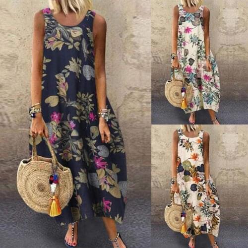 Summer Dress Women Vintage Sleeveless O Neck Leaves Floral Print Cotton Linen Long Baggy Dress Beach Vestidos