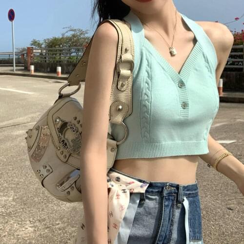 Summer Solid Halter Top Beach Backless Tank Top Ins Vintage V-neck Sexy Short Sleeveless Slim Y2k Top Korean Fashion Clothing