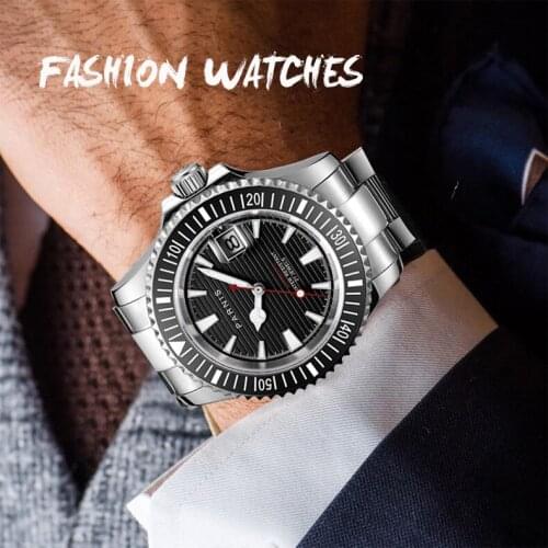 PARNIS Luxury 41mm Mechanical Men Watch Blue/Black/White Dial Sapphire Glass Date Window Mental Strap Rotating Bezel