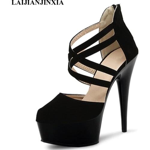 LAIJIANJINXIA New Sexy 15 CM High-Heeled Sandals Nightclub Thin Heels Women Sandal Pole Dancing Shoes Model Zip Womens Shoes
