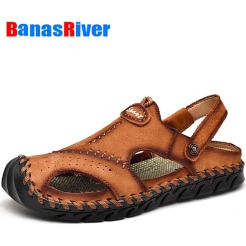 New Casual Men Soft Sandals Comfortable Summer Leather Slippers Roman Outdoor Beach Big Size 38-48 Handmade Hollow Breathable