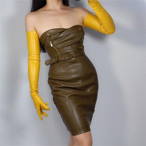 Extra Long Leather Gloves 70cm Long Section Emulation Leather Imitation Sheepskin Warm Ginger Yellow Bright Yellow Female PU127