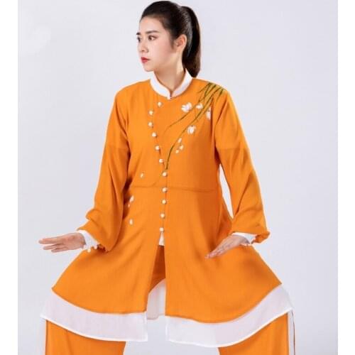 Orange Tai Chi Uniform Martial Arts Clothes Embroidery Female Chinese Traditional Folk Kung Fu Suit Morning Sportswear TA2297