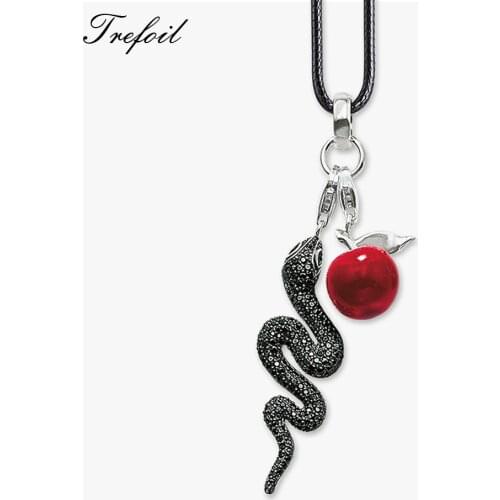 Leather Rope Statement Necklace Snake and Apple, Fashion 925 Sterling Silver Jewelry European Punk Gift For Men Women Boy Girls
