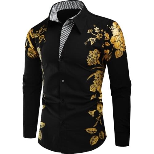Spring Autumn Features Shirts Men Casual Gold Flower Shirt New Arrival Long Sleeve Casual Slim Fit Male Shirts