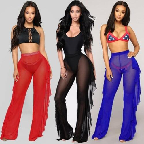 Plus Size Summer Women Sexy See through Pants Bikini Cover Up Mesh Ruffle Bottoms Loose Long Trouser Beachwear Swimwear Swimsuit