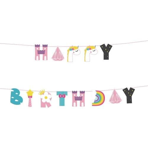 Baby Shower Pink Unicorn Banners Happy Birthday Wall Backdrops Hanging Bunting Decoration For Kids Birthday Party BA084