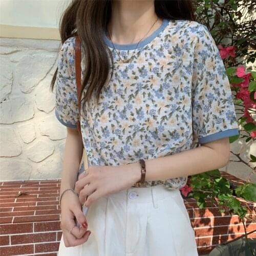 Hzirip Korean Sweet Elegant College Style Chiffon Floral Lady 2021 Hot Casual All-Match Fashion Loose Summer Knitted T-Shirt