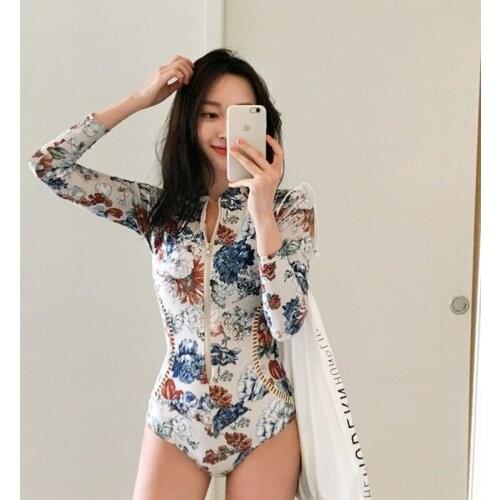 Print Floral One Piece Swimsuit Long Sleeve Swimwear Women Bathing Suit Retro Swimsuit Vintage One-piece Surfing Swim Suits