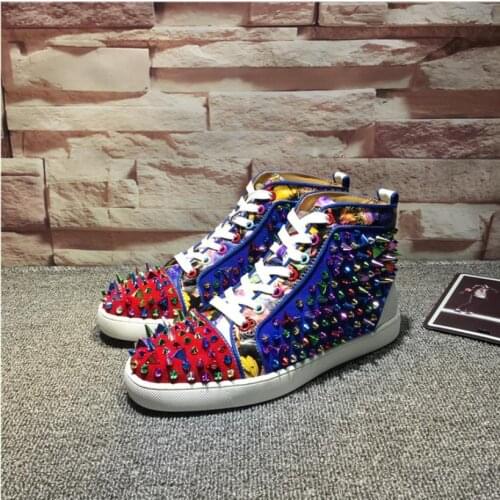 Colorful Rivets Decor High Top Patchwork Leather Men Shoes Luxury Brand Red Bottom Casual Fashion Shoes Lovers Shoes Tide2020