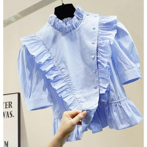 Cropped Blouse Women Ruffles Stitching Stand Collar Striped Short Shirt Womens 2020 Fashion All-match Tops Blouses Blusas Mujer