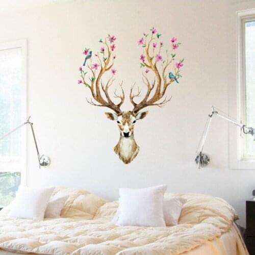 Sika Deer Head Flowers Wall stickers DIY Art Vinyl Wall Decals For Living Room Kids Baby Home Decor adesivo de parede