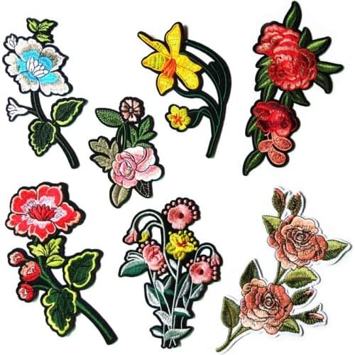 Rose Peony Flower Plant Iron Patches for Clothing Embroidery Stickers Fabric Flowers Sew on Embroidery Patch Flower Applique DIY
