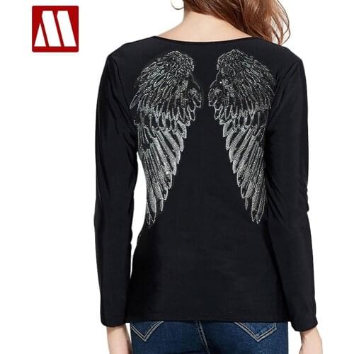 Harajuku Wings Womens T-shirt Female 2021 Spring And Autumn New Heavy Industry Hot Drill Top Diamond Feather Woman Tshirts
