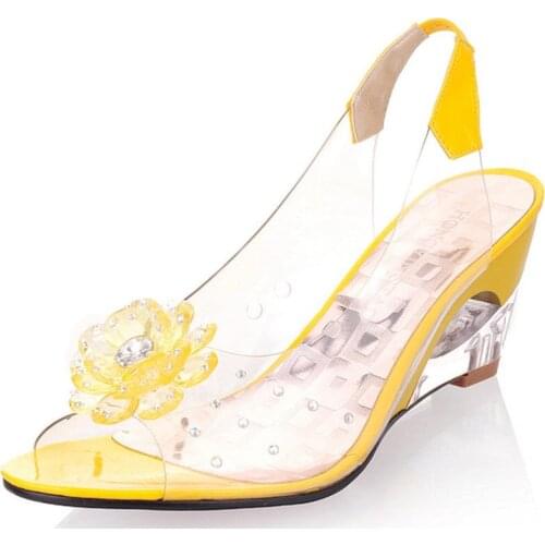 Akexiya 6.5CM Wedges Sandals Women Summer Sweet Fishmouth Red Shoes Flowers Transparent Open Toe Heels Sandals Plus Size 33-43