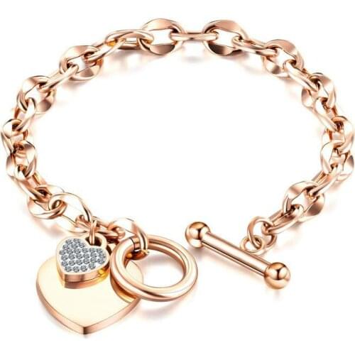 European Fashion Love Stainless Steel Bracelet Heart Rose Gold Zircon OT Clip Titanium Steel Womens Bracelets Jewelry For Girls