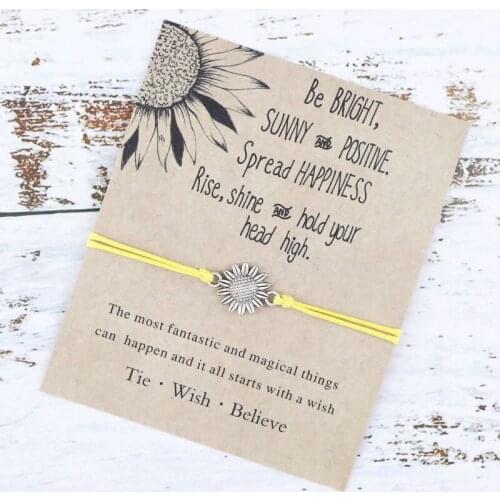 Fashion Sunflower Wish Bracelet Wax Cotton Cord Sunflower Charm Surfing Bracelet for Women Men Summer Friendship Beach Bracelet