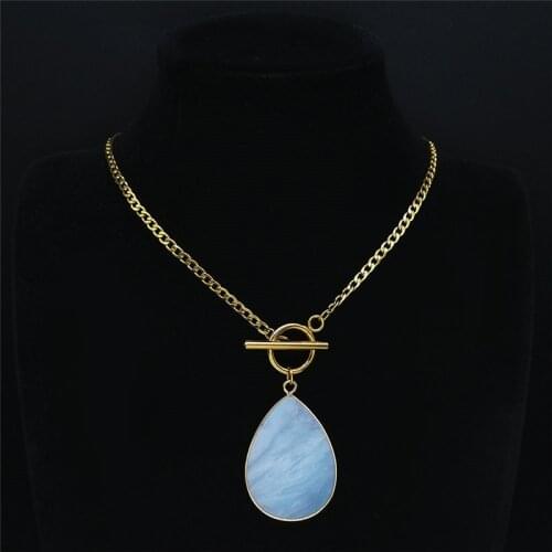 2021 Water Drop Stainless Steel Blue Natural Stone Necklaces for Women Gold Color Necklace Chain Jewery joyas mujer NXS04