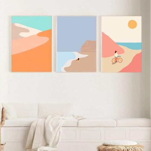 Abstract Mountain Poster Sunset Beach Cycling Nordic Wall Art Print Surfing Morden Picture Canvas Painting for Living Room Decor