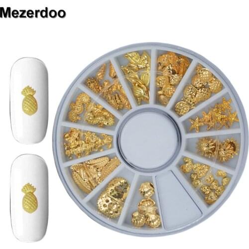 Mezerdoo Pineapple Shell Starfish Banana 3D Gold Silver Alloy Nail Art Rhinestone Decoration Charm Studs Jewelry Nail Tools M25