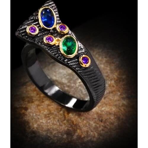CHARLINLIOL Trendy Luxury 925 Sterling Silver Wedding Band Rings for Women Vintage Black Gold Color Emerald Turkish Jewelry