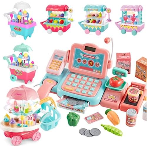 Pretend Play Kitchen Toys Simulation Shopping Cart Icecream Candy Car with Music Light DIY Cake Food Toys for Children Gift
