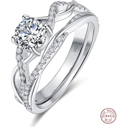 JQUEEN Womens 6.5mm Round Zircon 8-Shaped Twisted Ring Silver Couple Ring 925 Jewelry CZ Zircon Crystal Jewelry