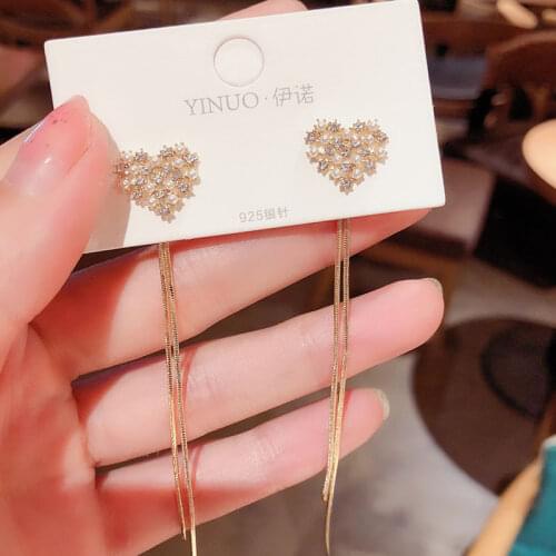 Korean pearl love tassel earrings ladies long style wild face thin two-wear pin earrings exquisite elegant Fashion Stud Earrings
