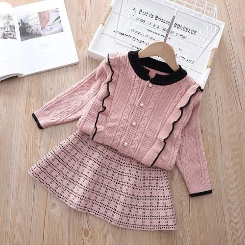 Christmas Baby Girl Clothes Winter 2021 New Clothing Sets Casual Printing Knitted Sweater Cardigan+Pleated Skirt Two-Piece Suit