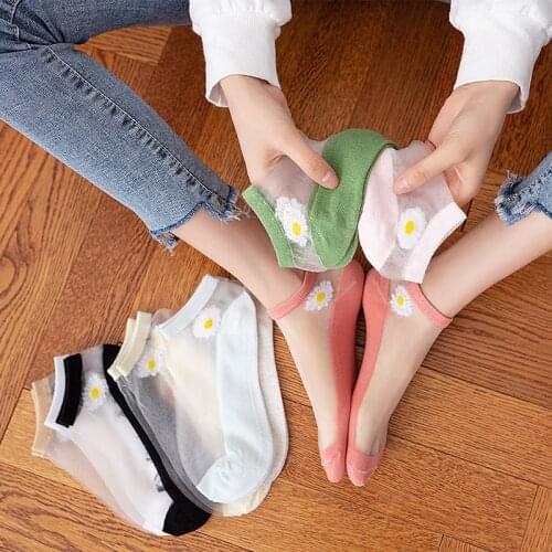 5 Pairs/Pack Summer Ultrathin Women Socks Transparent Silk Korean Style Small Daisies Ankle Socks For Female