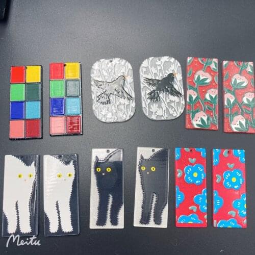 Summer style 30pcs/lot cats/flowers/birds pattern print geometry rectangle shape acrylic beads diy jewelry earring accessory