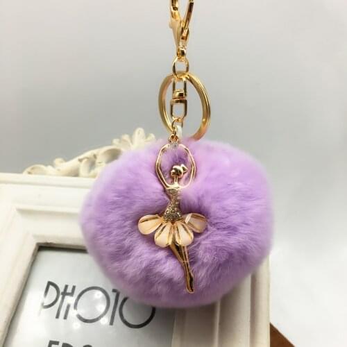 Cute Rhinestone Little Angel Car Keychain 8cm Fake Fur Ball Key Chain Women Trinket Gag Key Ring Jewelry Gift Fluff Keychain