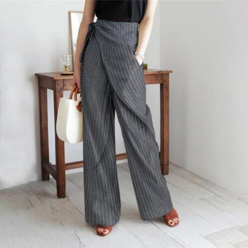 Fashion Women Stripe Kink Pocket Casual Loose Straight Trousers Pants 2020 Spring Autumn All-Match Womens Wide-Leg Trousers