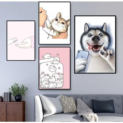 Cartoon Cute Cats and Dogs Wall Art Canvas Painting Nordic Posters and Prints Wall Pictures for Living Children Home Decoration