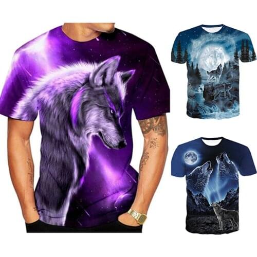 Mens 3D Wolf Printed T-shirt Summer Casual Round Neck Short Sleeve Tees Tops Male Cool Funny Animal Streetwear Plus Size S-5XL