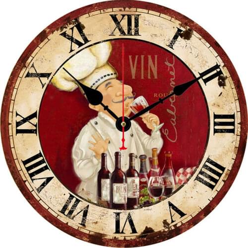 Wine Taster Wall Clock Silent Non Ticking Wine Theme Clock Wooden Modern 12 Inch Kitchen Rustic Cooker Figure Wall Clocks