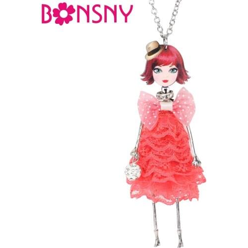 Bonsny Statement Fabric Dress Adorable Doll Necklace Pendants Long Alloy Chain Collar New Fashion Jewelry Accessories For Women