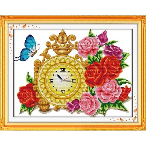 Rose vase(clock) cross stitch kit 14ct 11ct count print canvas wall clock stitching embroidery DIY handmade needlework