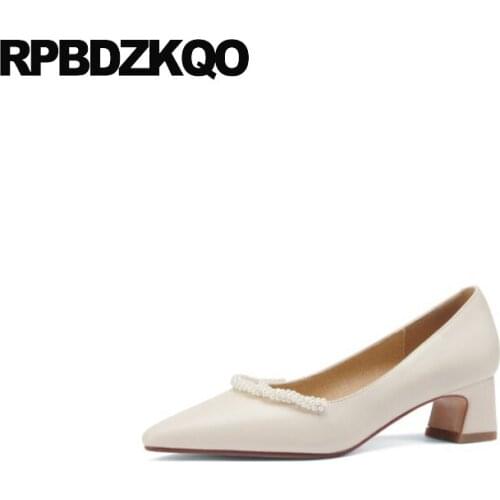 Medium Heels Pearl Thick Prom Genuine Leather Bridal Shoes Wedding Bridesmaid High Beige Pointed Toe Pumps Girls Ladies Suede