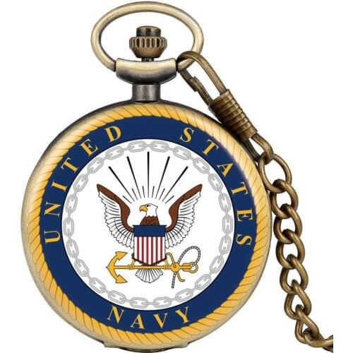 Vintage Bronze Antique Retro United States Navy Badge Military Man Necklace Pendant Gift Quartz Pocket Watch Chain for Men Women