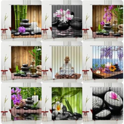 Wood Grain Zen Stone Shower Curtain 3D Flowers Printing With Hooks Hanging Curtains Waterproof Bathroom Decor Multiple Size