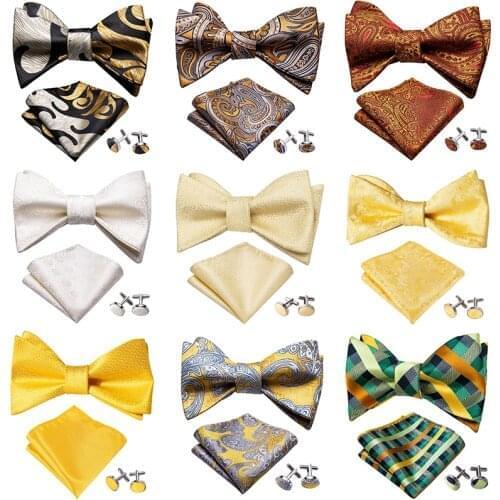 Yellow Gold Men Bowtie Set Silk Jacquard Floral Bow Pocket Cufflinks Self-Bow Tie For Men Butterfly Party Wedding Barry.Wang