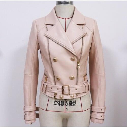 2021 HIGH QUALITY New Designer Leather Jacket Womens Lion Buttons Double Zippers Biker Leather Motorcycle Jacket